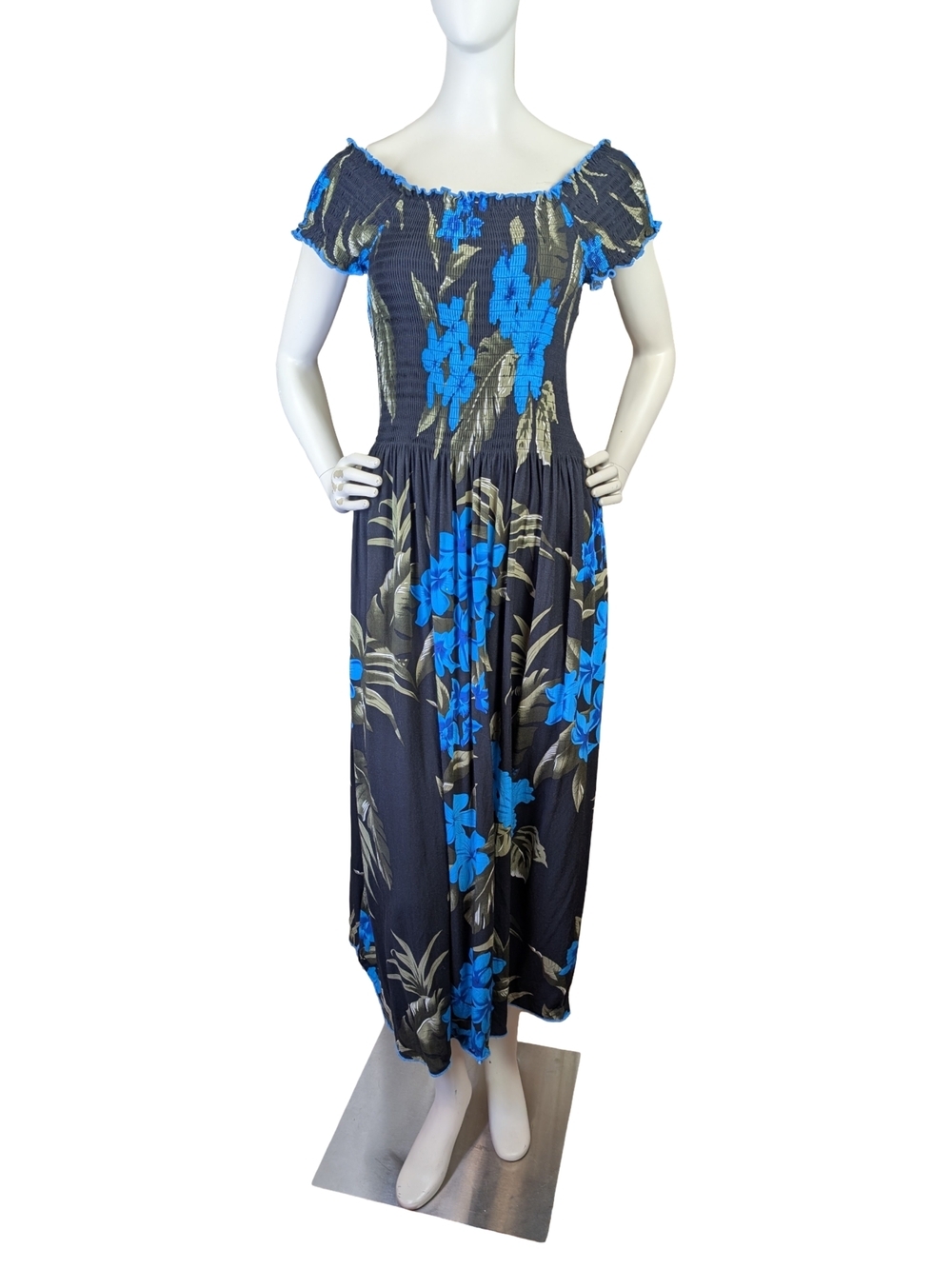 Hawaiian Floral Smocked Off Shoulder Rayon Maxi Dress One Size S L Blue Tropical